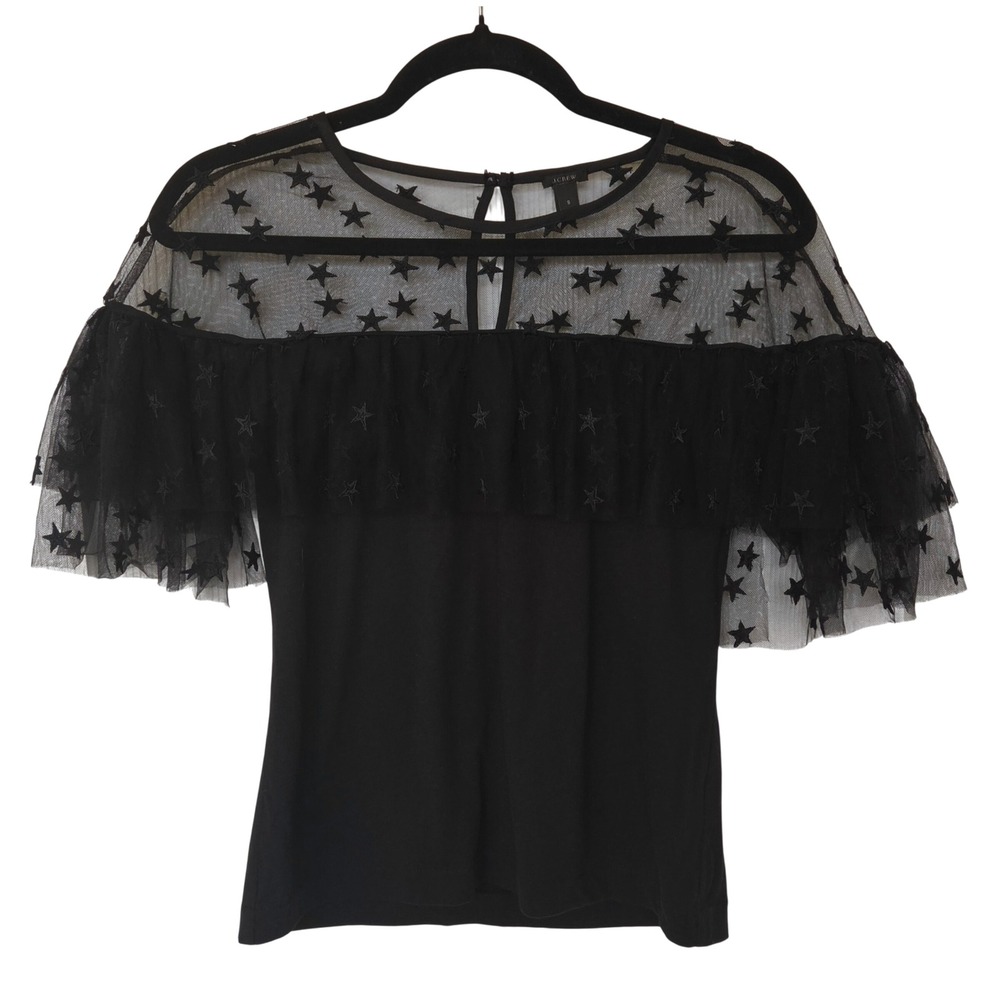 J.Crew Black Star Embroidered Tulle Ruffle Top S Whimsigoth Witchy Fairy Grunge